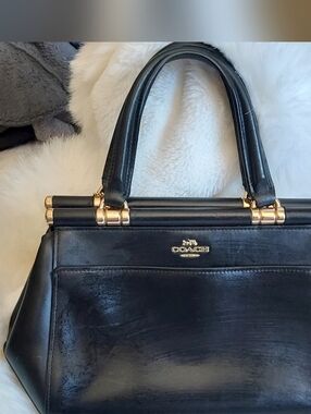 Coach Black Leather Structured Top-Handle Satchel with Gold Hardware
